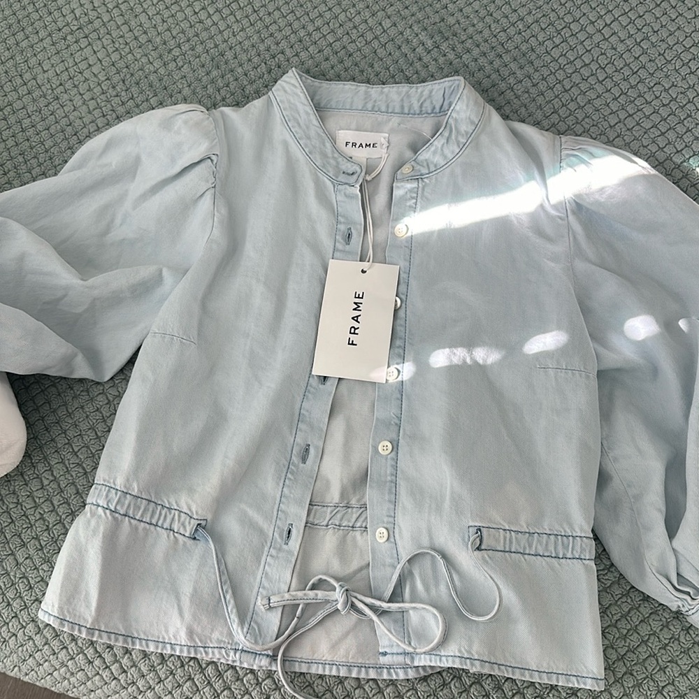 COPY - COPY - Denim shirt short sleeve puff sleeve peplum top